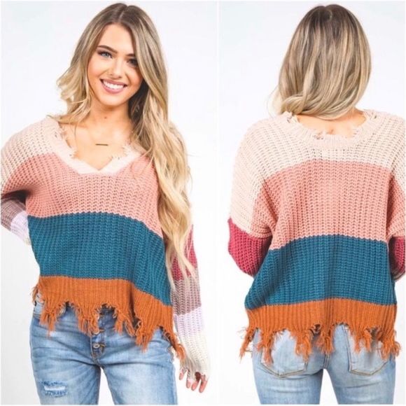 NEW Colorblock Distressed Asymmetrical Hem V-Neck Lightweight Sweater - Picture 1 of 3